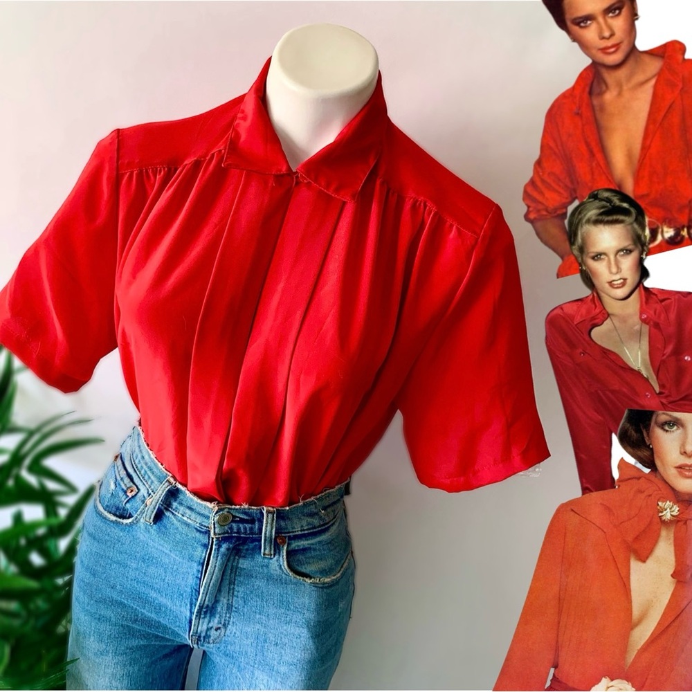 v i n t a g e :: Vibrant Pleated Satin Secretary Blouse